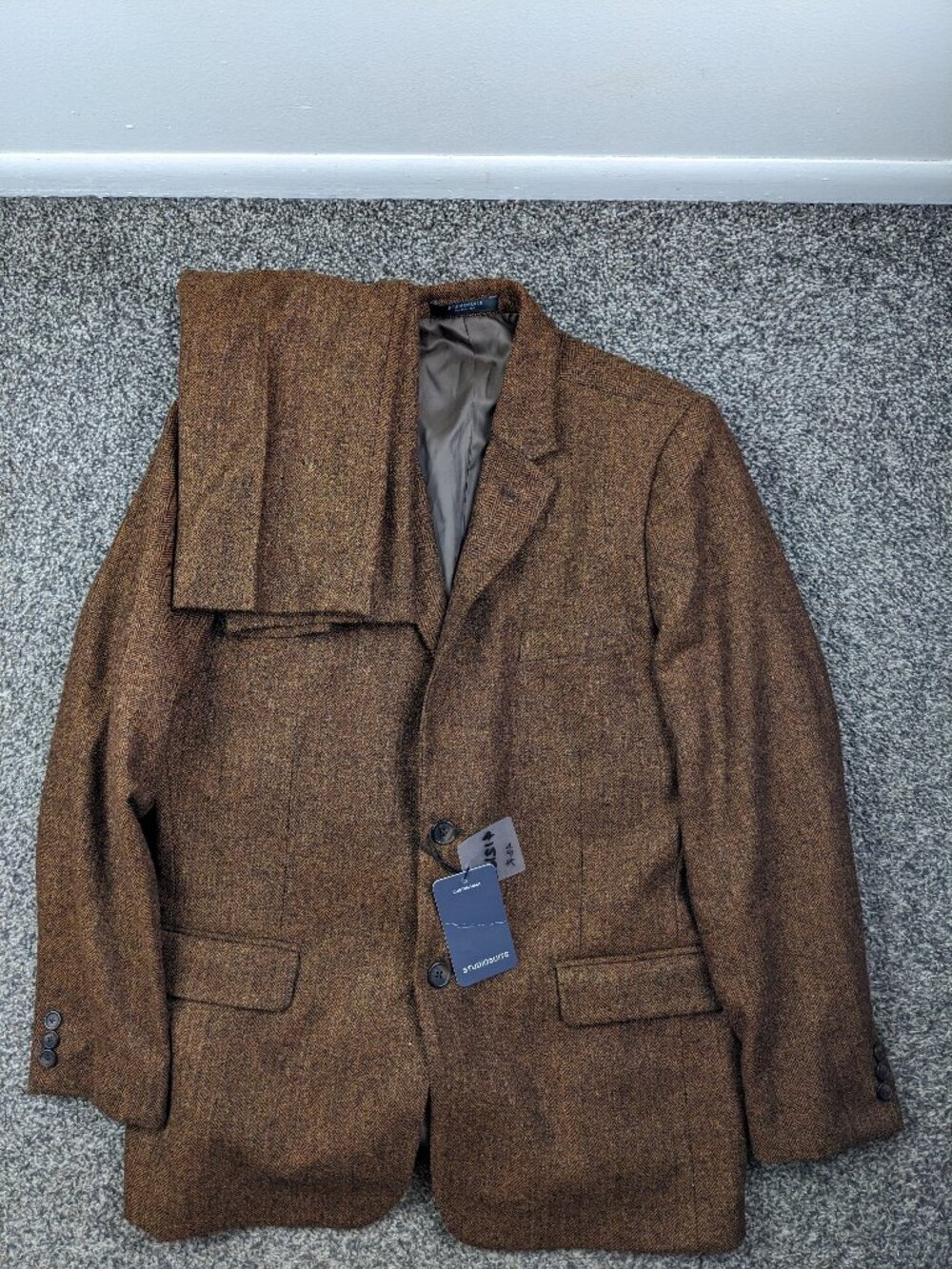 NWT Studiosuits 42R Tweed Wool Herringbone 2 PC Suit Brown 34x30 Bespoke